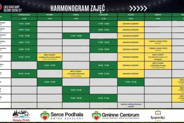 Treningi LKS Szaflary – harmonogram 14-20 września 2026