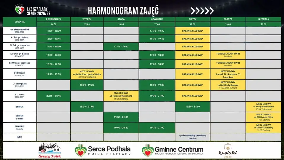 Treningi LKS Szaflary – harmonogram 14-20 września 2026