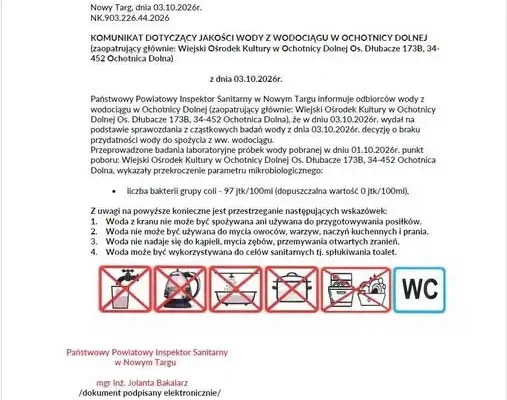 Ostrzeżenie sanepidu: woda z wodociągu w Ochotnicy Dolnej niezdatna do spożycia