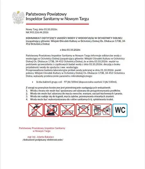Ostrzeżenie sanepidu: woda z wodociągu w Ochotnicy Dolnej niezdatna do spożycia