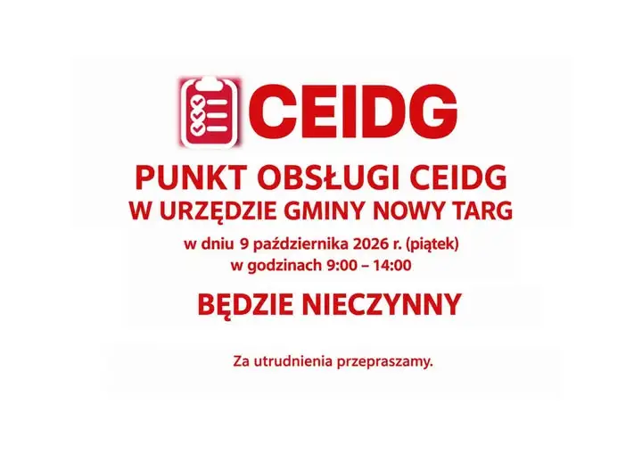 Punkt Obsługi CEIDG w Urzędzie Gminy Nowy Targ nieczynny 9 października